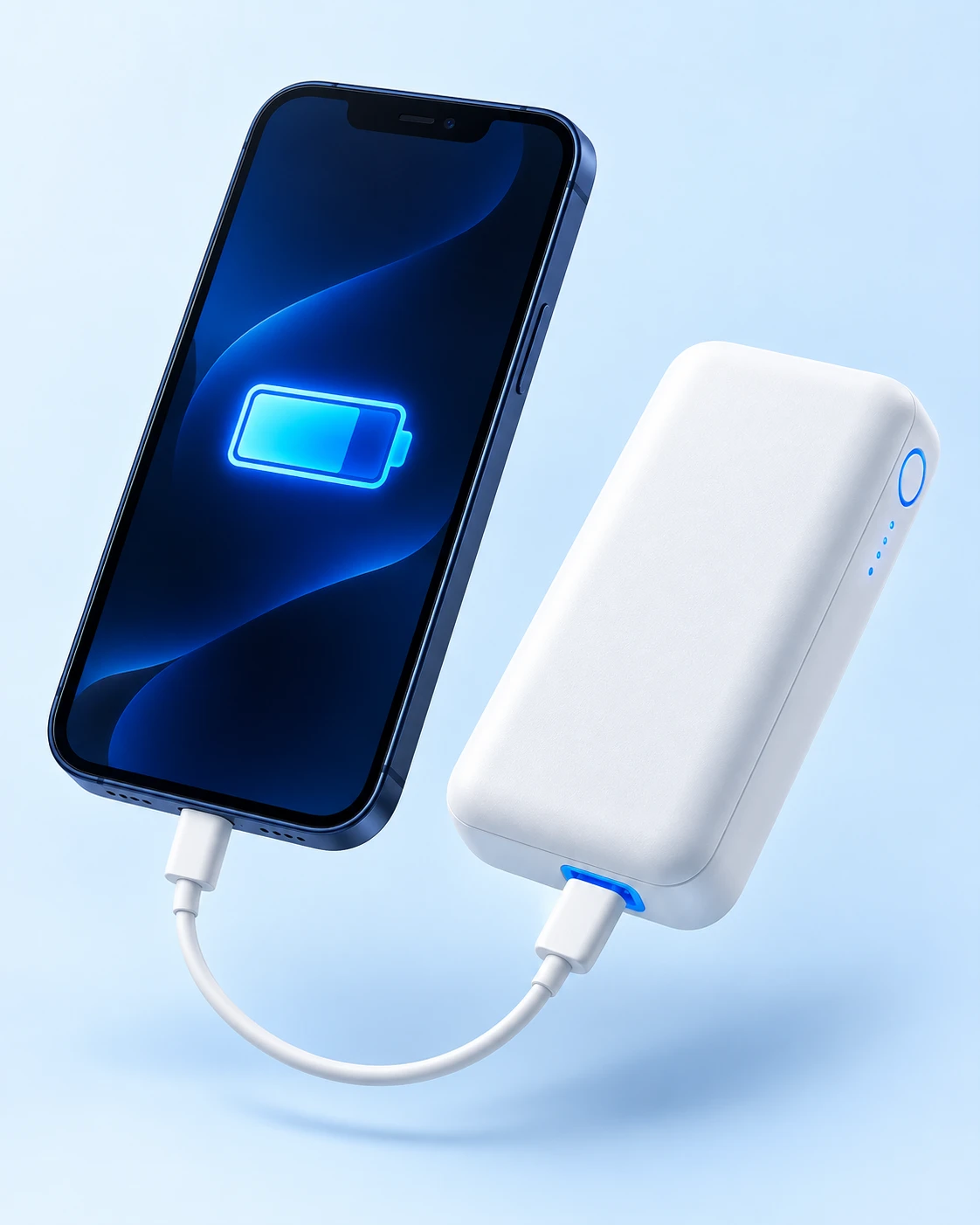 Illustrazione di uno smartphone collegato a un power bank portatile