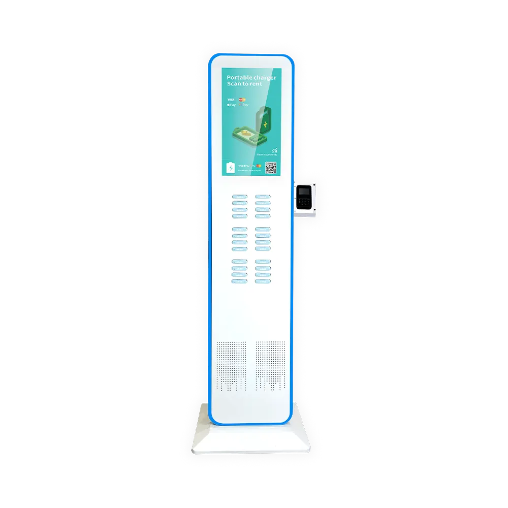 Station a totem con schermo, alloggiamenti per power bank e terminale di pagamento
